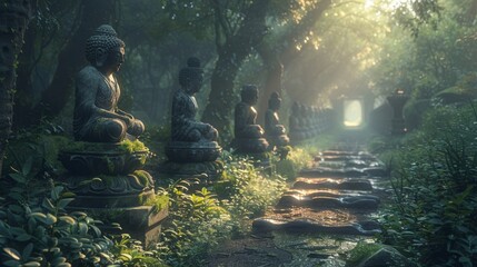 Enchanting forest path with ancient stone statues and sunbeams illuminating a mystical garden - obrazy, fototapety, plakaty