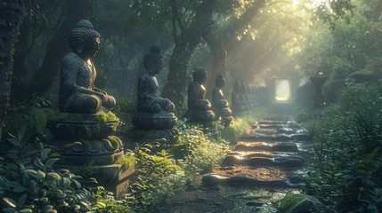 Foto op Aluminium Enchanting forest path with ancient stone statues and sunbeams illuminating a mystical garden © Yusif