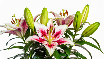 Naklejka premium Elegant blooming lilies with buds, cut out isolated on a white background