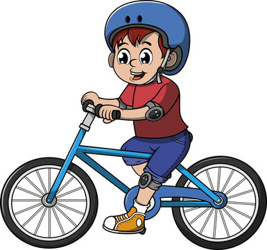 Ni&ntilde;o manejando bicicleta y usando casco de seguridad, coderas y rodilleras, ilustraci&oacute;n estilo cartoon.