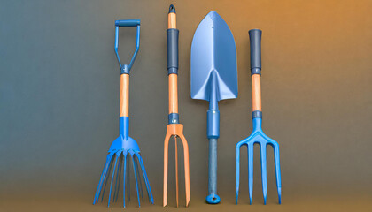 Garden shovel, pitchfork and rake on monochrome background, camping concept