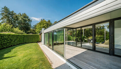 grey and white L-shaped or gable end, stylish glass oak bi-fold doors incorrectly designed gray classic style sunroom with a roof that extends into the garden