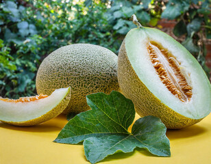 group of melons sits on a table with leaves and sliced melons on a yellow surface