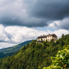 Fototapeta na wymiar house perched atop a mountain, framed against a somber sky