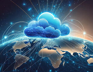 igital illustration of cloud technology, with glowing blue clouds floating above the earth's surface and connecting lines emanating from them to form a global network connection
