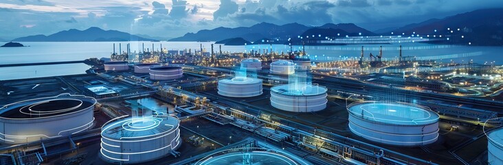 Aerial view or top view night light oil terminal is industrial facility for storage of oil and petrochemical. oil manufacturing products ready for transport. AI generated illustration