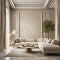 Light beige living room - modern interior hall and furniture design. Mockup for art - ivory taupe empty texture plaster microcement wall. Luxury premium lounge reception. 3d render