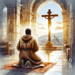 Man in the robe kneeling and praying in front of the cross. Digital watercolor painting. - obrazy, fototapety, plakaty