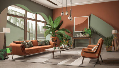 Livingroom buisness lounge in terracotta brown color. Combination of gray, camel and green