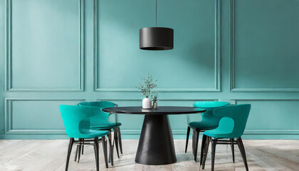 Meeting area or diningroom with large black round table and teal cyan chairs. Empty wall turquoise azure paint color accent. Dinning modern kitchen interior home or cafe. Mockup for art. 3d render