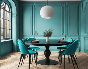 Meeting area or diningroom with large black round table and teal cyan chairs. Empty wall turquoise...
