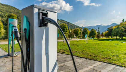 Modern fast electric vehicle chargers for charging car in park - obrazy, fototapety, plakaty