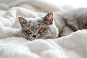 A gray cat with bright orange eyes relaxes on a soft white blanket, British Shorthair, light blue color.