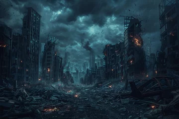 Deurstickers Dark fantasy cityscape of an apocalyptic world, ruins and rubble under the dark sky, eerie lights on destroyed buildings, desolate streets with broken objects scattered around © LadiesWin