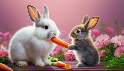 A cute, fluffy rabbit looks pleased as it hands a small carrot to the rabbit next to it; the background is pink and fairy-tale-like.