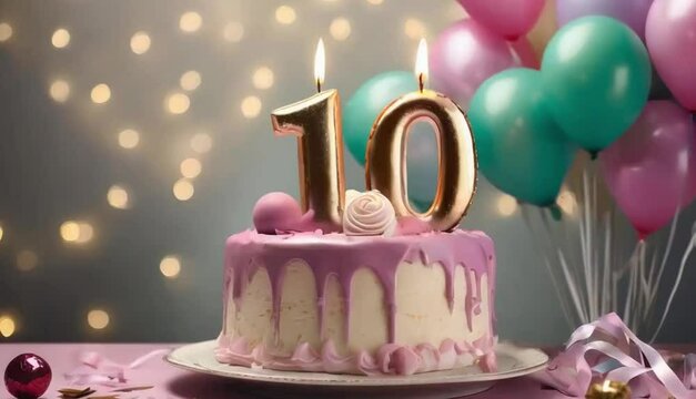 10th year birthday cake on isolated colorful pastel background
