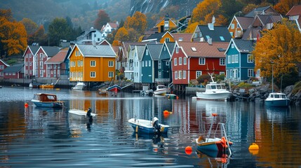 Colorful coastal village with serene sea and moored boats in a picturesque setting - obrazy, fototapety, plakaty