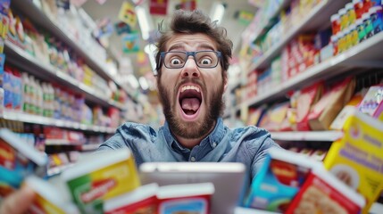 a man in a store with a surprised look on his face