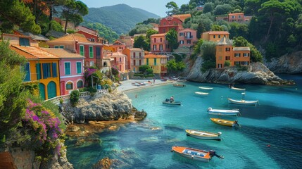 Colorful coastal village with serene sea and moored boats in a picturesque setting