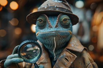 Obraz premium A chameleon disguised as a detective, wearing a trench coat and fedora, sleuthing through the city streets with a magnifying glass in search of clues to solve a mysterious case. Generative Ai.