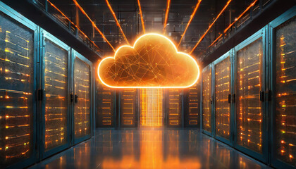 render of a cloud server room with a glowing orange cloud icon on a dark background The image depicts cloud storage, global networks, and data transfer
