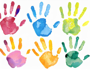 Set colorful hand print, paint watercolor isolated on white, clipping