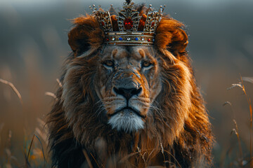 A regal lion adorned with a crown, presiding over a majestic savanna with noble authority and...