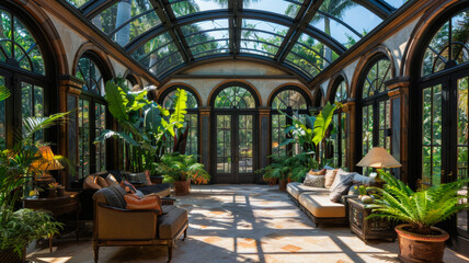 Fototapeta na wymiar Tropical Twilight. Inside an Elegant Glasshouse Conservatory