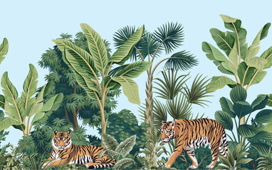 Tropical vintage botanical palm trees, banana tree, green plants, tiger animal floral seamless border blue background. Exotic jungle wallpaper. - 786644254