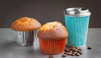 Soda can, cup of coffee and muffin, isolated, selective focus