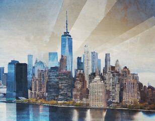 Statue of Liberty and New York, cityscape double exposure contemporary style minimalist artwork collage illustration.