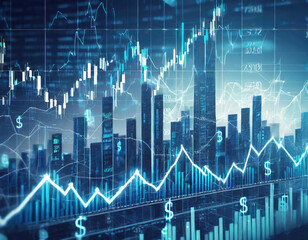 stock market background with dollar signs and financial charts in a blue color scheme, with white numbers of a candlestick chart in the foreground