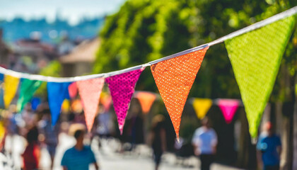 string of colorful triangular flags are hung on the street, with people blurred in the background during a festival celebration event - Powered by Adobe