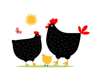 Poultry family. Cute abstract rooster with hen and little chick together. Vector graphics.