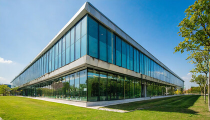 Obraz premium Sustainable green building. Eco-friendly building. Sustainable glass office building with tree for reducing carbon dioxide. Office with green environment. Corporate building