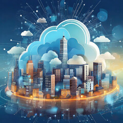 the cloud surrounded by digital icons and urban city landscape
