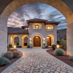 The driveway of an elegant home in the desert, with lights on and large landscaping around it It...