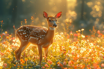 A gentle deer grazing in a sunlit meadow, surrounded by a carpet of colorful wildflowers and chirping songbirds, basking in the tranquility of nature's embrace.  Generative Ai.