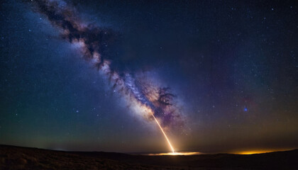 Rocket spaceship shuttle launch with bright space nebula sky with bright rocket trail of fire and smoke