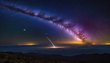 Rocket spaceship shuttle launch with bright space nebula sky with bright rocket trail of fire and smoke