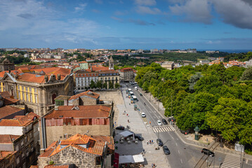 Aerial view from tower of Clerigos Church in Porto city, Portugal with Jardim da Cordoaria park on right side and Portuguese Centre of Photography