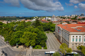 Aerial view from tower of Clerigos Church in Porto city, Portugal with Museum of Natural History and Science of the University of Porto