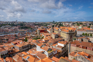 Aerial view from tower of Clerigos Church in Porto city, Portugal. Vila Nova de Gaia city on background