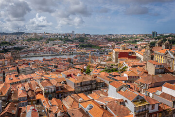 Aerial view from tower of Clerigos Church in Porto city, Portugal - obrazy, fototapety, plakaty