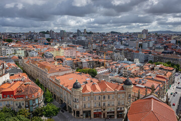 Aerial view from tower of Clerigos Church in Porto city, Portugal