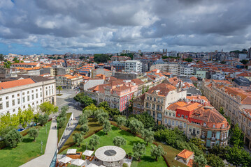 View from tower of Clerigos Church in Porto, Portugal with Museum of Natural History and Science of University of Porto and Jardim das Oliveiras