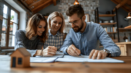 Real estate agent or realtor signing mortgage agreement for new home with couple of happy young clients. Concept of home loan and buying own property.