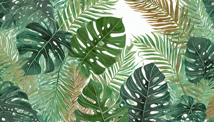 tropical leaves background, monstera, palm tree, coconut and fern green