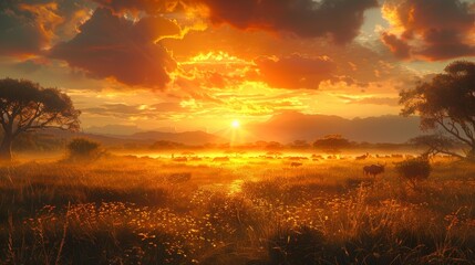 Glorious sunrise over an African savanna with wildlife in silhouette - obrazy, fototapety, plakaty