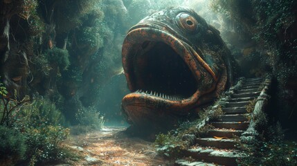 Mystical staircase leading into the open mouth of a giant stone fish in an enchanted forest setting - obrazy, fototapety, plakaty